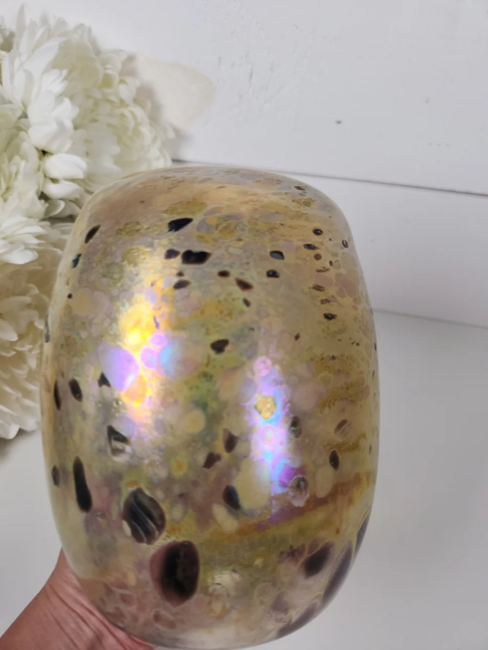 Vintage Hand Blown Iridescent Art Glass Vase, Signed | Confetti Glass Vessel